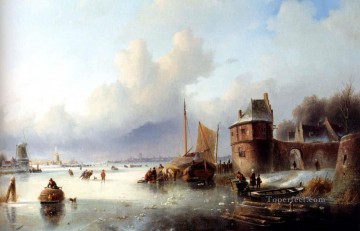  spohler - jacob A Winter Landscape With Numerous Skaters On A Frozen Waterway boat Jan Jacob Coenraad Spohler